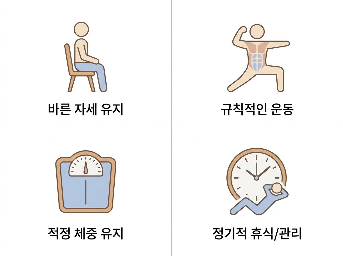 좌골신경통 예방을 위한 핵심 생활 습관, 북가좌동예방관리한의원 바른 자세 유지 · 규칙적인 운동 · 적정 체중 유지 · 정기적 휴식/관리