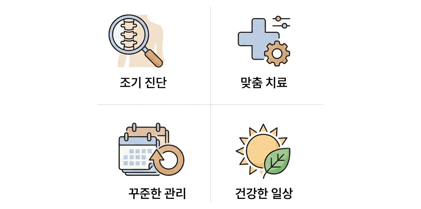 척추관협착증 극복을 위한 4가지 핵심 요소, 성산동척추건강한의원 | 조기 진단 · 맞춤 치료 · 꾸준한 관리 · 건강한 일상