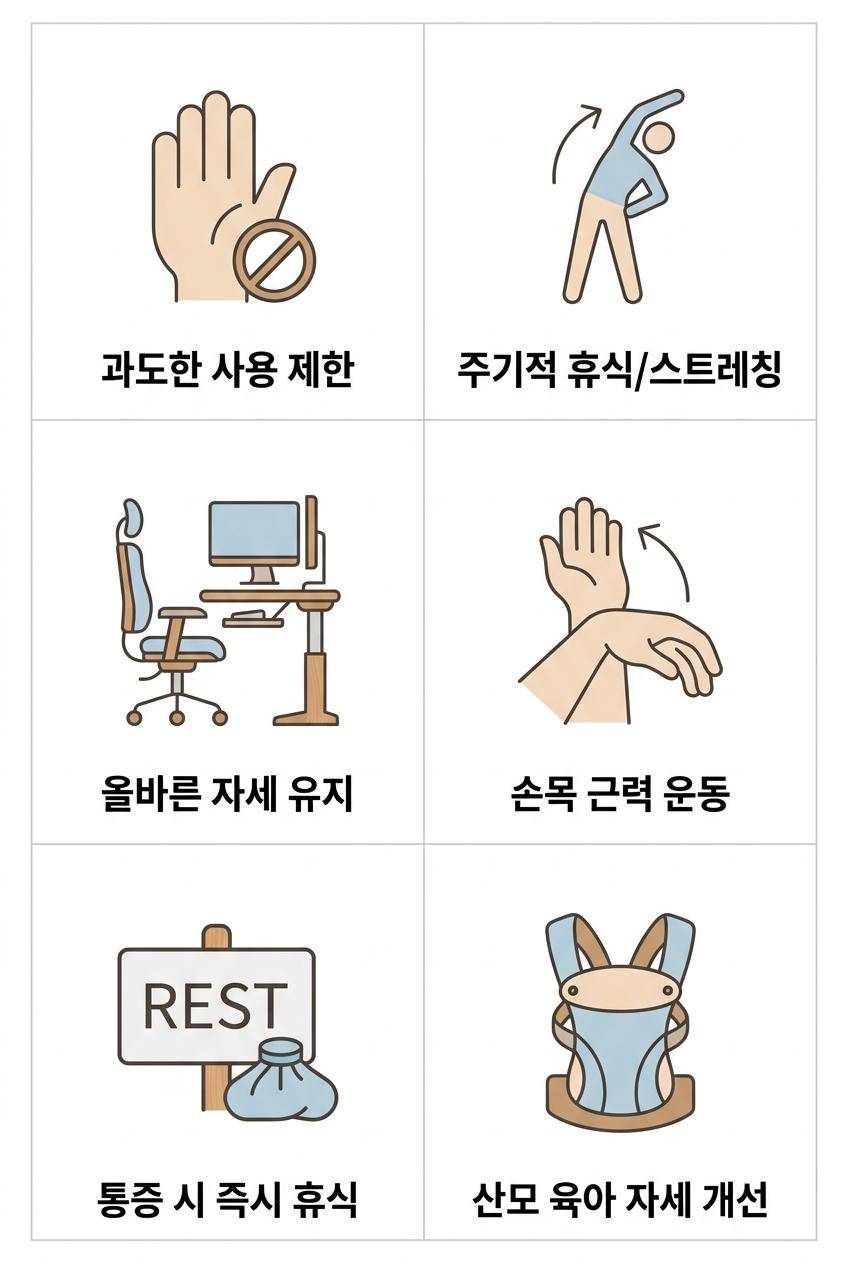 손목건초염 재발 방지를 위한 생활 속 관리 요령, 성산동힘줄염한의원 | 과도한 사용 제한 · 주기적 휴식/스트레칭 · 올바른 자세 유지 · 손목 근력 운동 · 통증 시 즉시 휴식 · 산모 육아 자세 개선