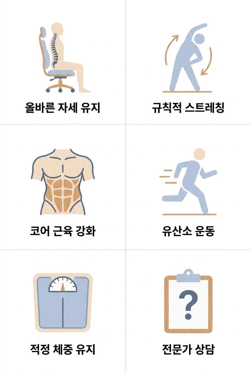 허리디스크 예방을 위한 건강한 생활 습관, 북가좌동허리디스크예방한의원 | 올바른 자세 유지 · 규칙적 스트레칭 · 코어 근육 강화 · 유산소 운동 · 적정 체중 유지 · 전문가 상담