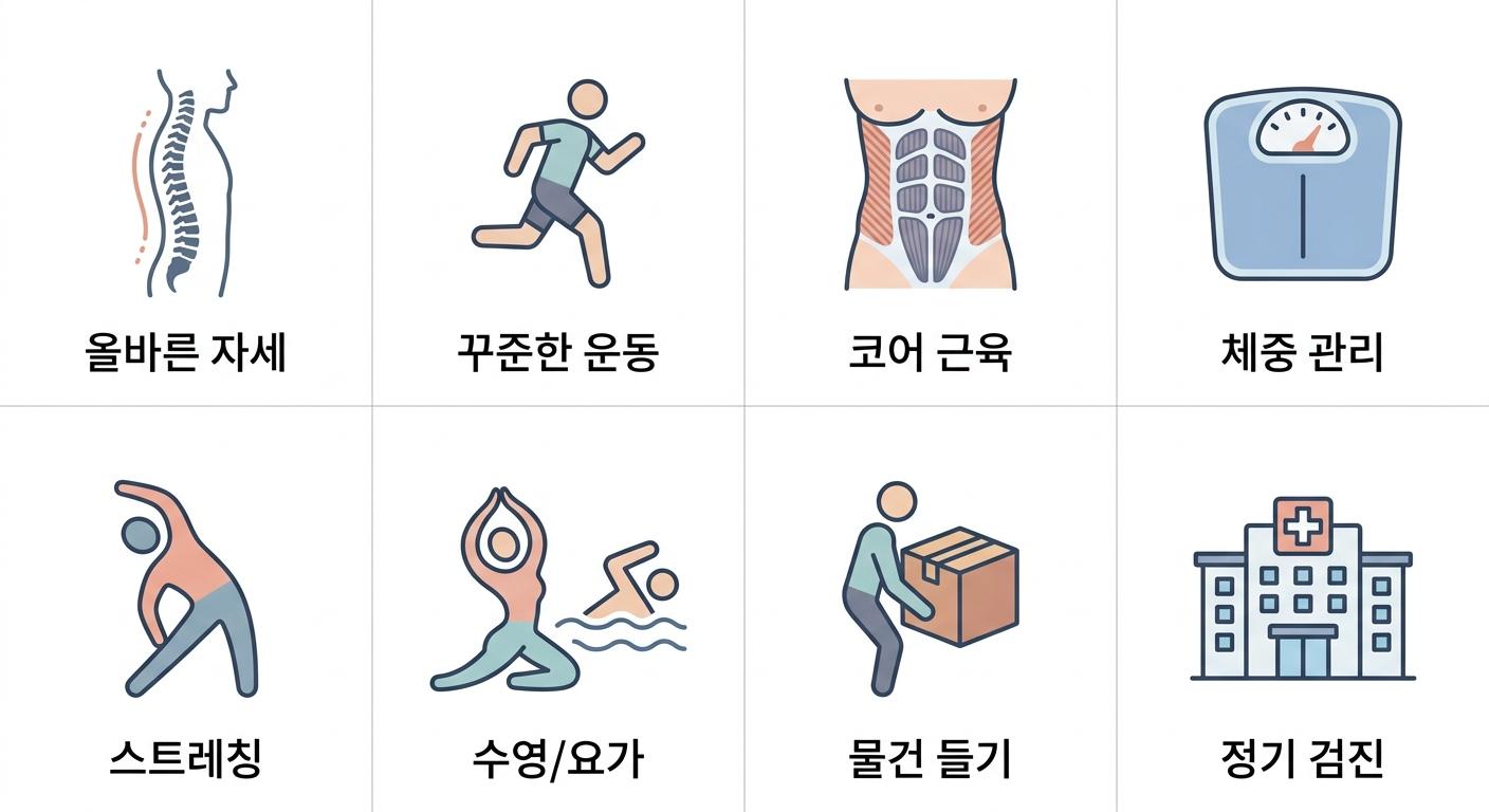 허리디스크 관리 및 예방을 위한 건강한 생활 습관, 성산동허리통증한의원 | 올바른 자세 · 꾸준한 운동 · 코어 근육 · 체중 관리 · 스트레칭 · 수영/요가 · 물건 들기 · 정기 검진