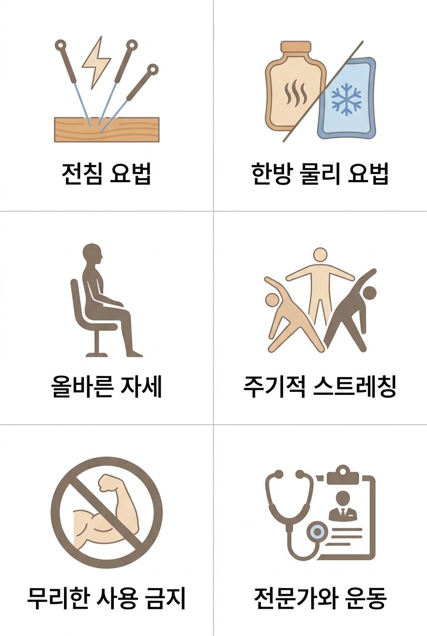 오십견 보조 요법과 올바른 생활 관리 방법, 성산동냉동견한의원 | 전침 요법 · 한방 물리 요법 · 올바른 자세 · 주기적 스트레칭 · 무리한 사용 금지 · 전문가와 운동