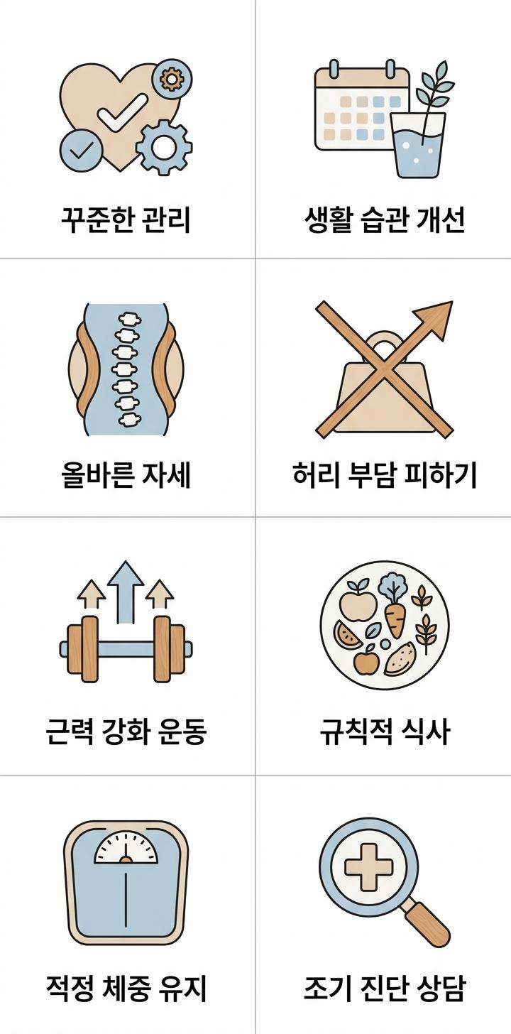 척추관협착증 예방 및 관리 8가지 수칙, 수색동척추관리한의원 | 꾸준한 관리 · 생활 습관 개선 · 올바른 자세 · 허리 부담 피하기 · 근력 강화 운동 · 규칙적 식사 · 적정 체중 유지 · 조기 진단 상담