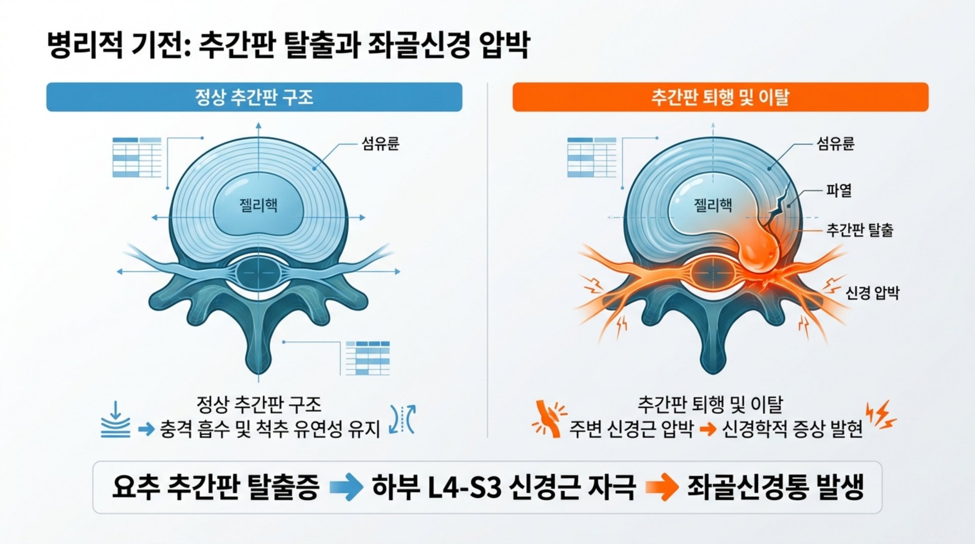 북가좌동 한의원 병리적 기전: 추간판 탈출과 좌골신경 압박 안내 이미지