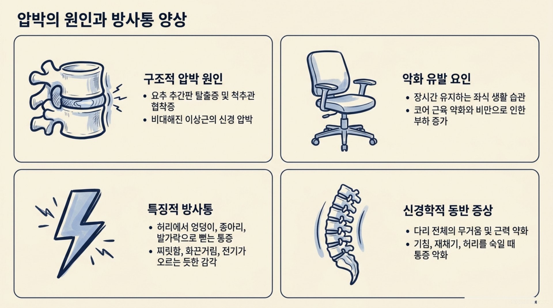 북가좌동 한의원 압박의 원인과 방사통 양상 안내 이미지