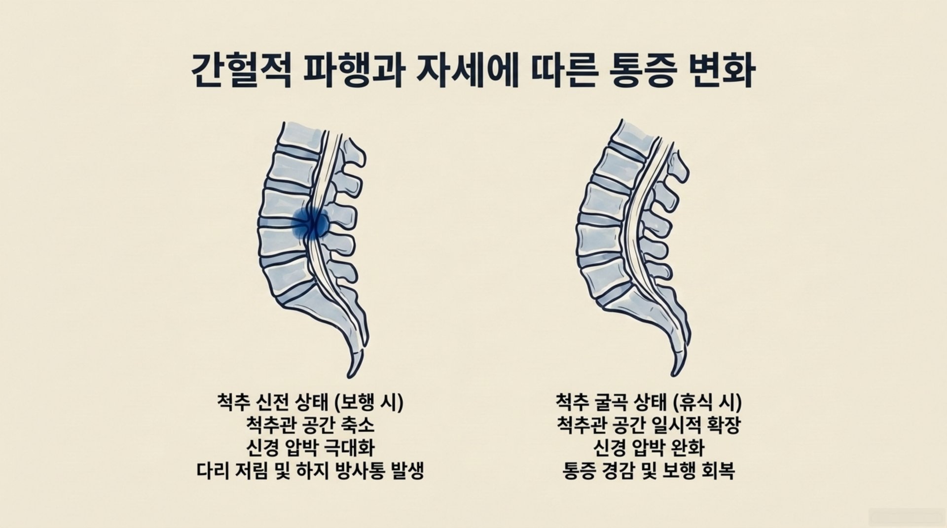 서대문구 한의원 간헐적 파행과 자세에 따른 통증 변화 안내 이미지