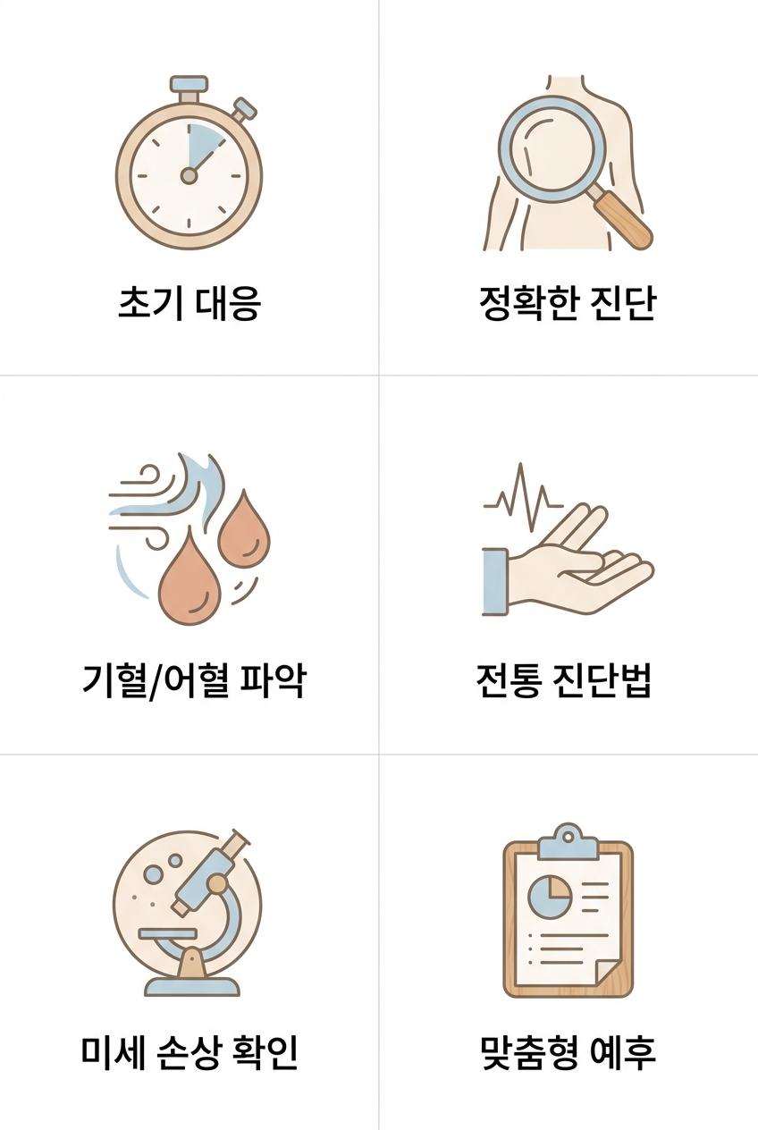 산재 사고 후 한의학적 초기 진단과 예후 파악 과정, 북가좌동산재치료한의원 | 초기 대응 · 정확한 진단 · 기혈/어혈 파악 · 전통 진단법 · 미세 손상 확인 · 맞춤형 예후