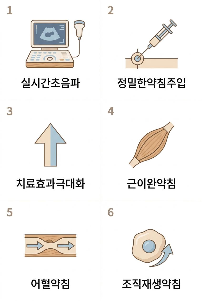 초음파 유도하 약침 시술의 정밀성과 주요 약침 종류, 남가좌동약침치료한의원 | 실시간초음파 · 정밀한약침주입 · 치료효과극대화 · 근이완약침 · 어혈약침 · 조직재생약침