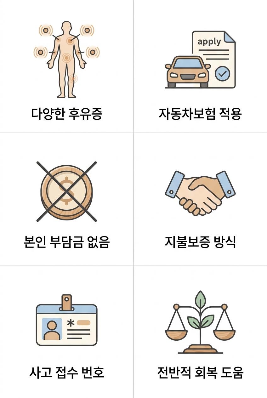 교통사고 후유증 한의 진료 자동차보험 적용 이해, 남가좌동한의원진료한의원 다양한 후유증 · 자동차보험 적용 · 본인 부담금 없음 · 지불보증 방식 · 사고 접수 번호 · 전반적 회복 도움