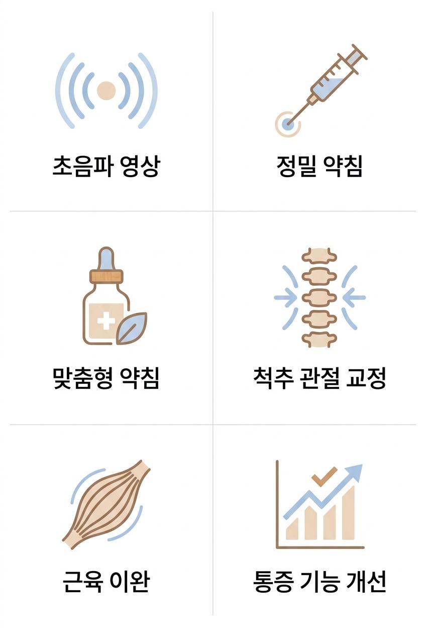 초음파유도하약침요법과 근이완추나요법의 특징, 서대문구추나요법한의원 | 초음파 영상 · 정밀 약침 · 맞춤형 약침 · 척추 관절 교정 · 근육 이완 · 통증 기능 개선
