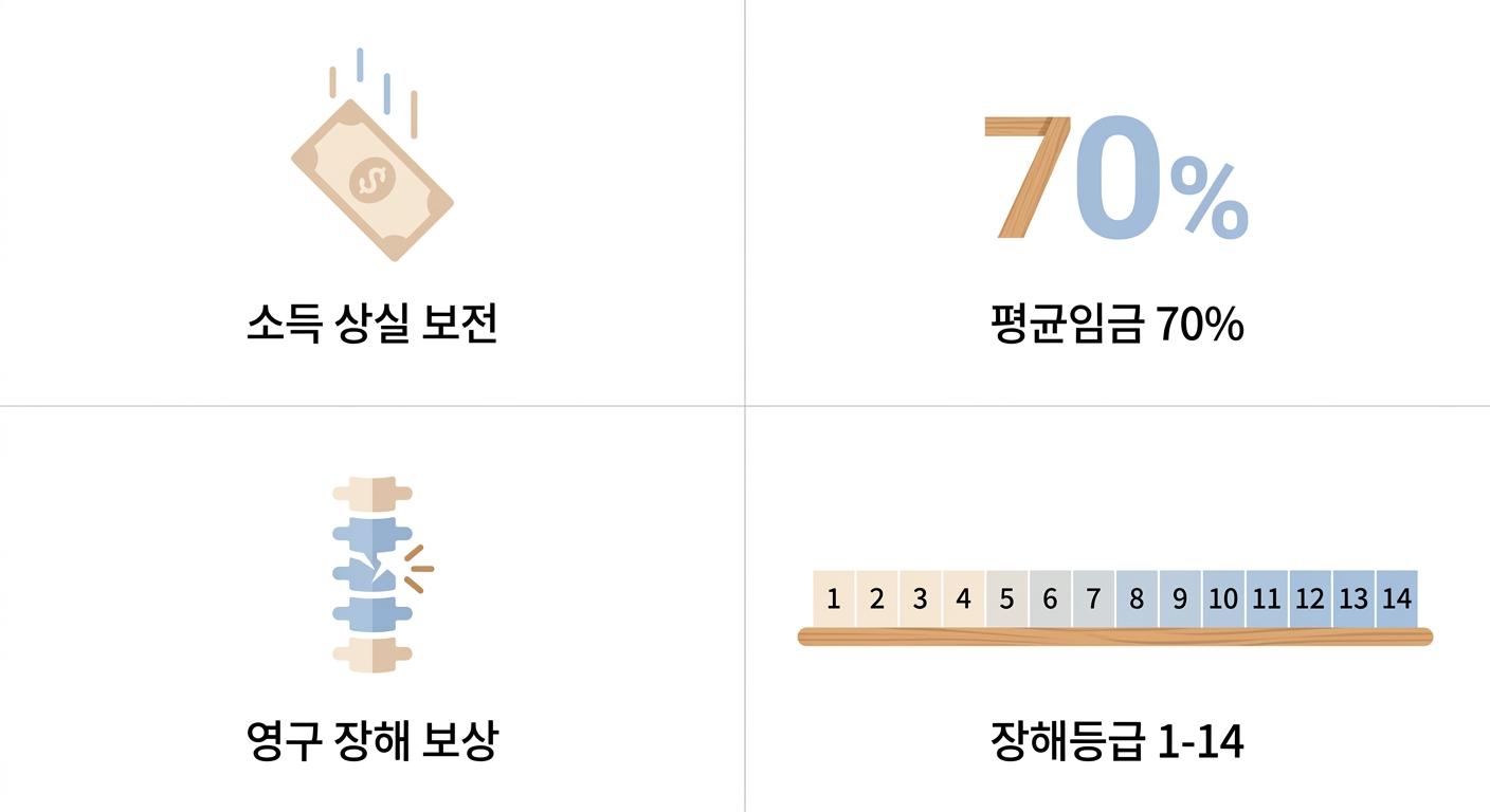 휴업급여와 장해급여의 주요 보상 내용, 서대문구휴업급여한의원 | 소득 상실 보전 · 평균임금 70% · 영구 장해 보상 · 장해등급 1-14