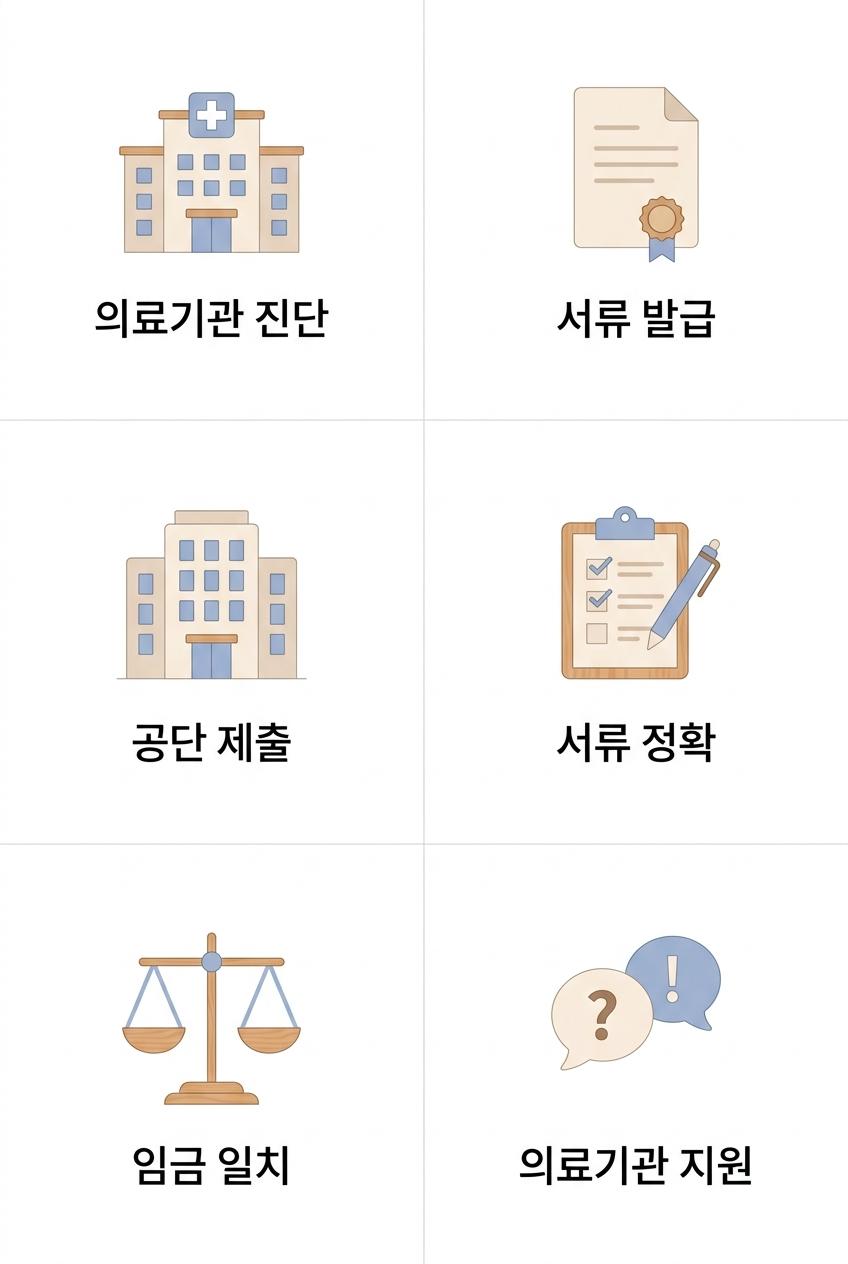 산재 휴업급여 신청 절차와 주의사항 안내, 가좌역재해근로자한의원 | 의료기관 진단 · 서류 발급 · 공단 제출 · 서류 정확 · 임금 일치 · 의료기관 지원