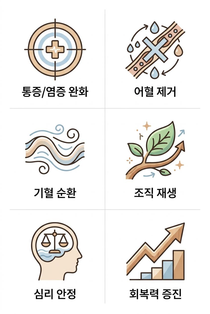 한의학적 후유증 치료 원리, 가좌역어혈치료한의원 통증 완화 · 어혈 제거 · 조직 재생 · 심리 안정