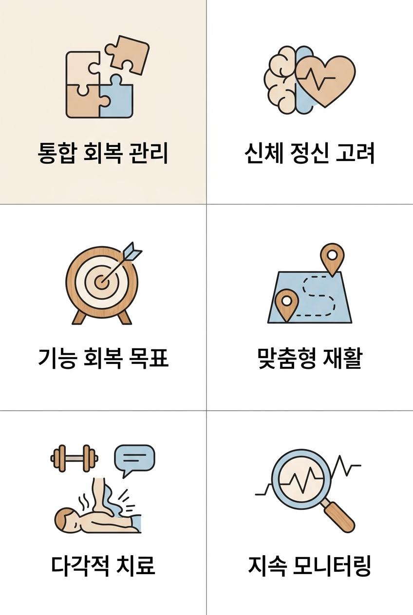 재해 후 통합적 회복 관리와 예후 파악 중요성, 북가좌동회복지원한의원 | 통합 회복 관리 · 신체 정신 고려 · 기능 회복 목표 · 맞춤형 재활 · 다각적 치료 · 지속 모니터링
