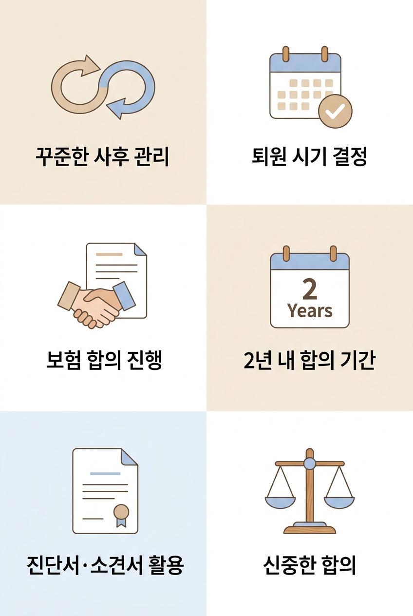교통사고 회복 후 퇴원 및 보험 합의 사후 관리, 성산동보험절차한의원 꾸준한 사후 관리 · 퇴원 시기 결정 · 보험 합의 진행 · 2년 내 합의 기간 · 진단서·소견서 활용 · 신중한 합의