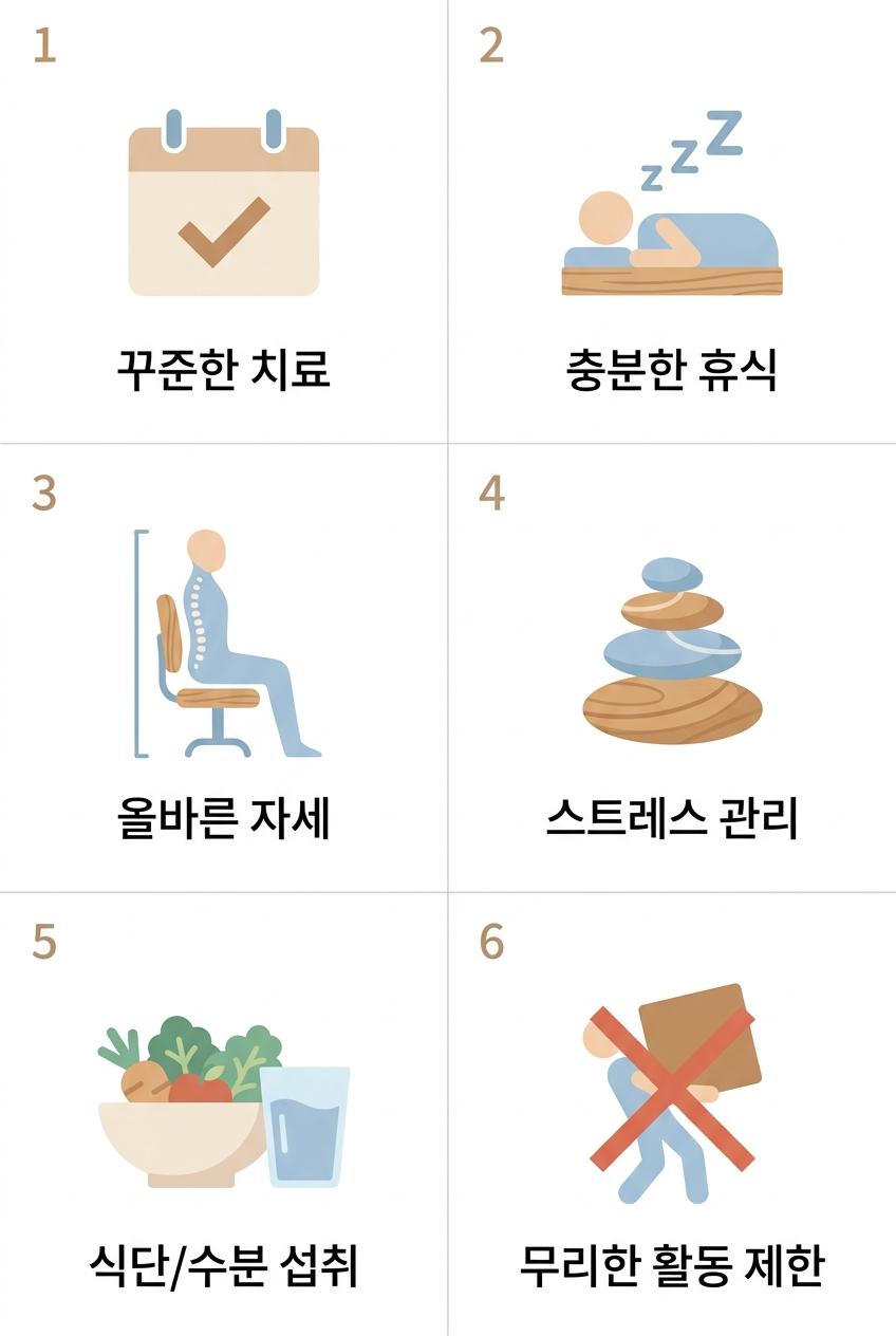 교통사고 후유증 일상 관리, 북가좌동일상생활습관한의원 꾸준한 치료 · 충분한 휴식 · 올바른 자세 · 스트레스 관리 · 건강한 식단 · 수분 섭취